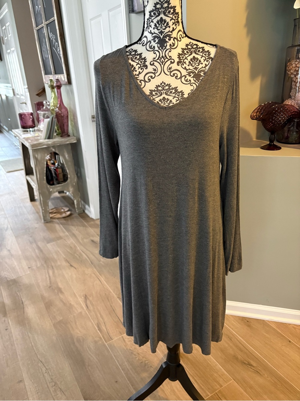 Women's VNeck Swing Dress in Charcoal Gray